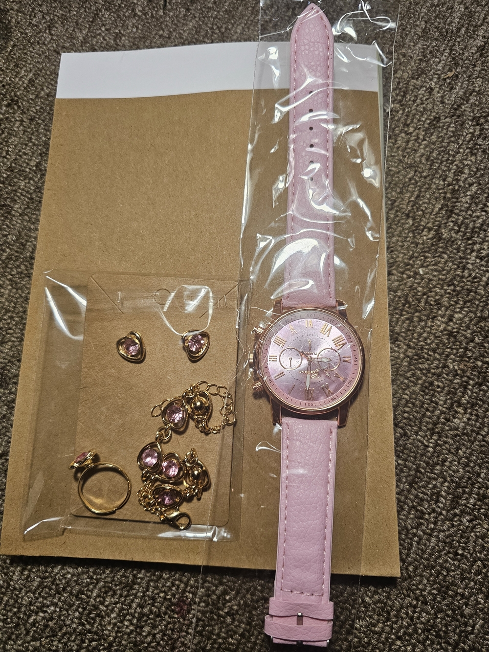 Women's Pink Leather-Style Watch with Matching Pink Crystal Jewelry Set